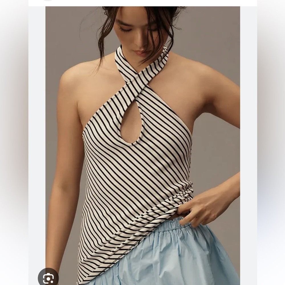 Maeve Halter Top Women Medium Black White Excellent Striped V-Neck Knit Anthropo